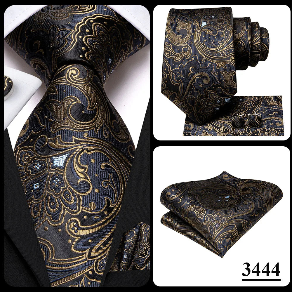 Hi-Tie Men's Tie Set Gold Paisley 100% Silk 8.5cm Wedding Ties For Men New Fashion Design Hanky Cufflinks Set Quality Necktie