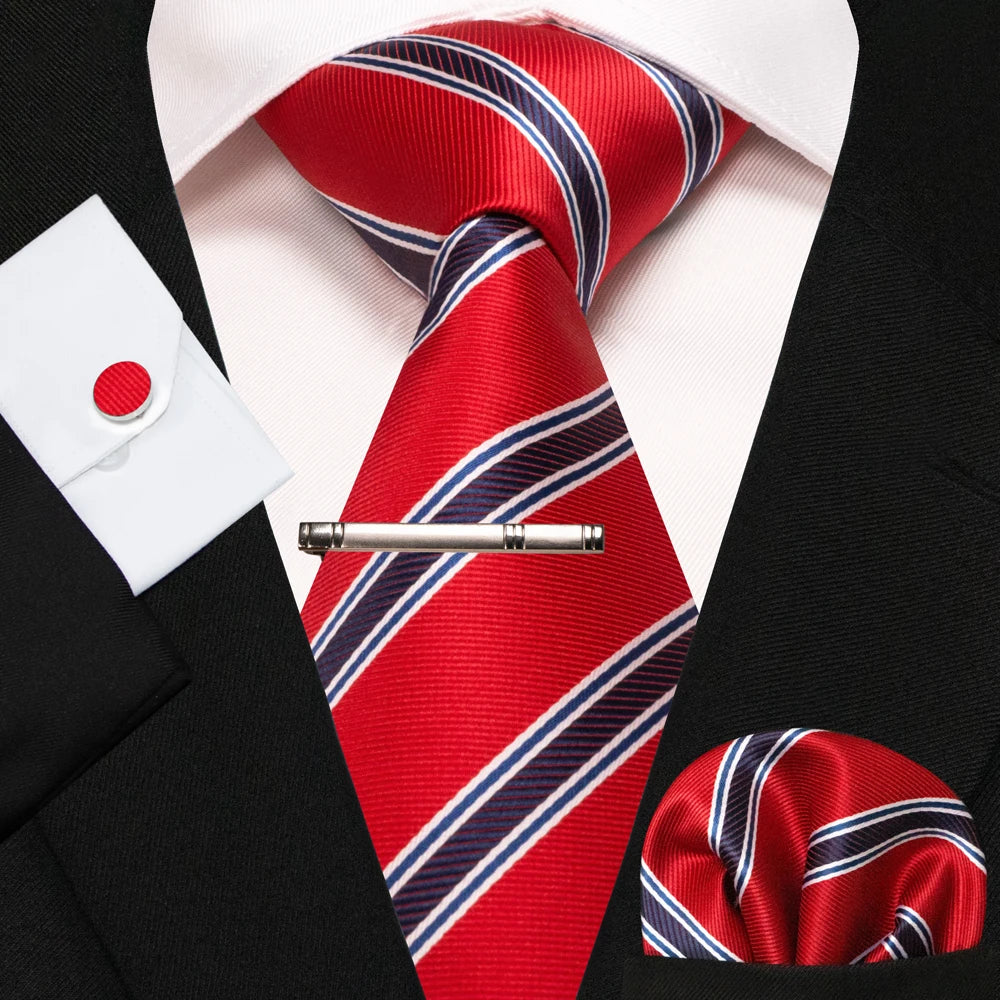 KAMBERFT New Classic Silk Men's Tie Red Gold Striped Men's Tie Handkerchief Cufflinks Set Wedding Business Party Gravatas