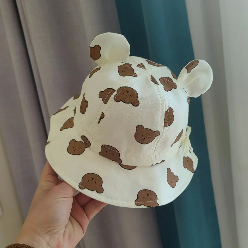 Korea Cotton Baby Bucket Hat with Ears Boys Girls Cute Cartoon Bear Breathable Sun Fisherman's Hat Kids Outdoor Child Panama Cap