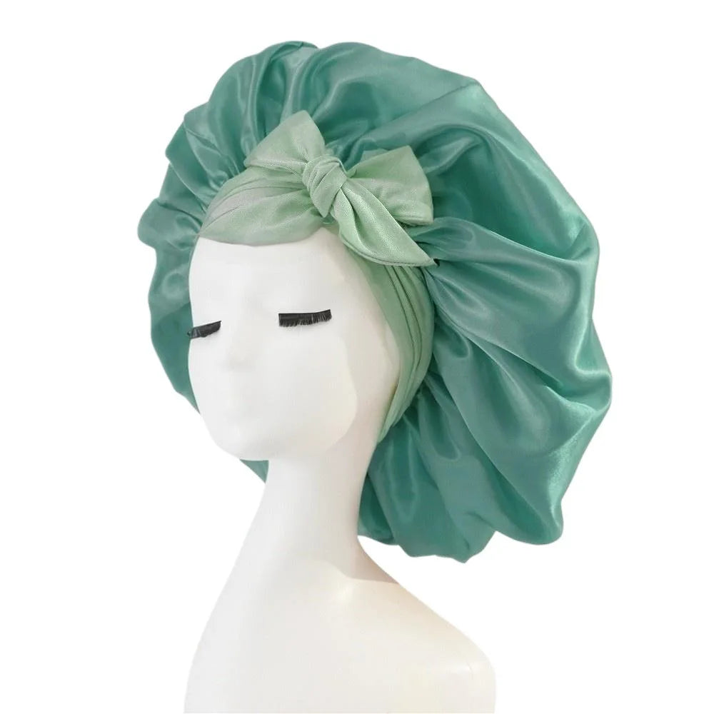 New Satin Sleeping Cap For Women Solid Wide Band Stretch Head Tie Silky Bonnet Edge Wrap Nightcap Hair Care Shower Head Cover