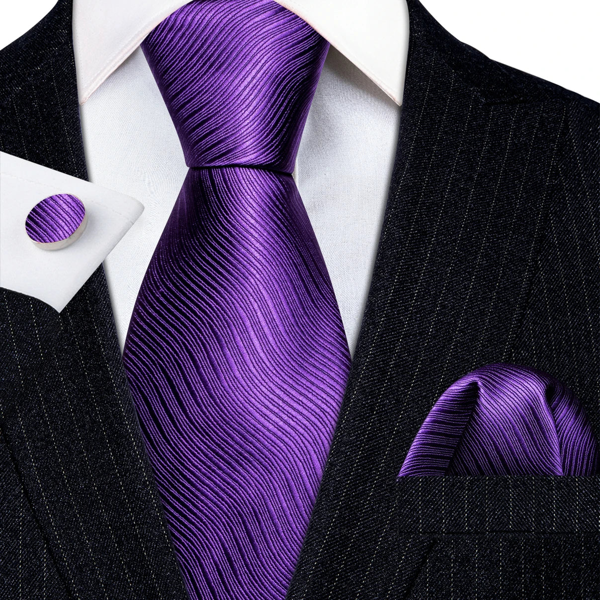 Barry.Wang Purple Silk Mens Tie Hanky Cufflinks Set Lilac Lavender Mauve Violet Jacquard Necktie For Male Wedding Business Party