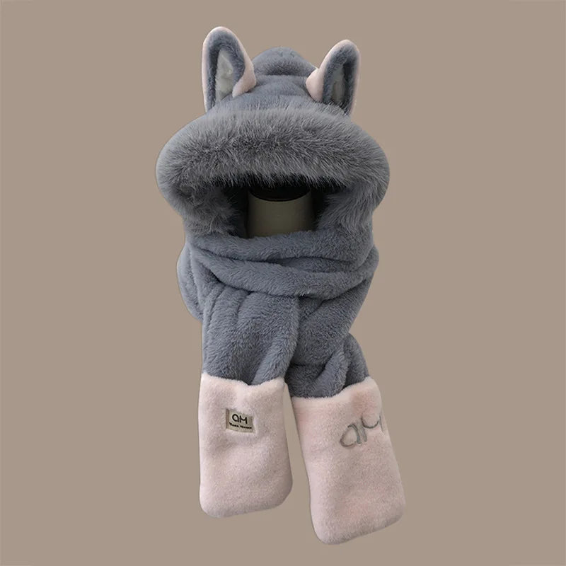 Winter new Firefox ears warm furry skiing scarf gloves one-piece hat children