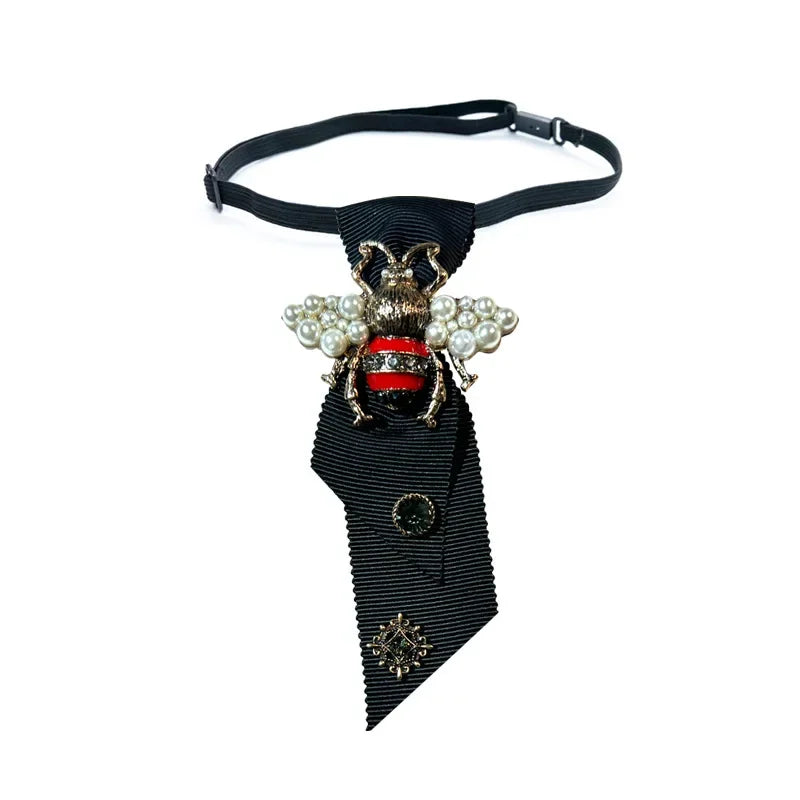 British Style Rhinestone Pearl Bee Tie Fabric Bowties Ties Clothing Short Necktie Shirt Collar for Men and Women Accessories