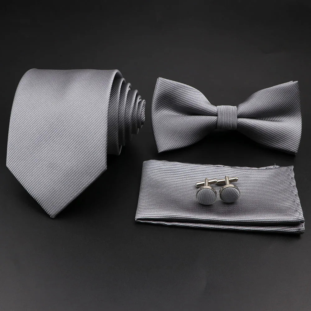 Hot Sale Red Blue Tie Set Polyester Slim Striped Necktie Bowtie Cufflink Brooch For Groom Suit Wedding Cravat Shirt Accessory