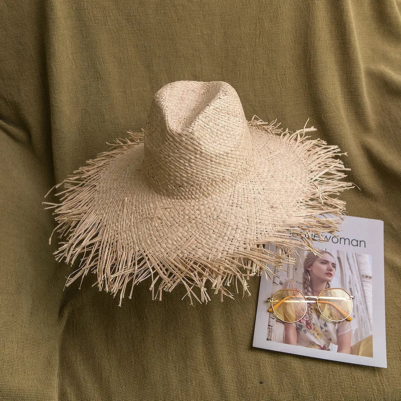 2024 Handmade Big Brim Hat Oversized Tassel Burrs Women Men Straw Sun Brim Hats Natural Raffia Panama Beach Summer Hat