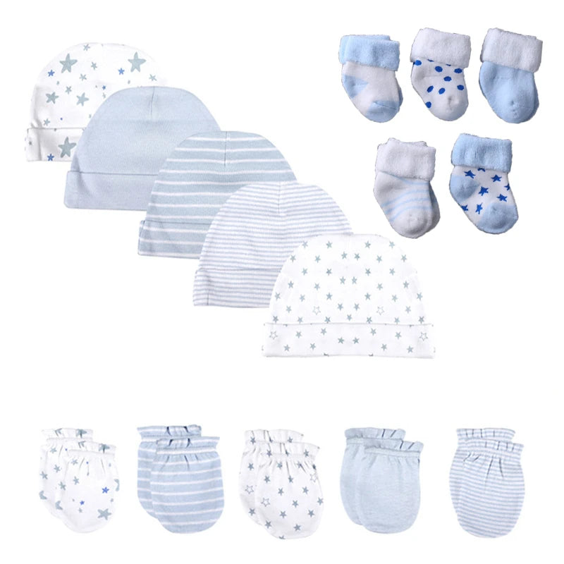 15Pieces New Born Gloves+Hats+Socks Sets Cartoon 100%Cotton Baby Boy Girl Headwear 0-12M Solid Color Infant Supplies Accessories
