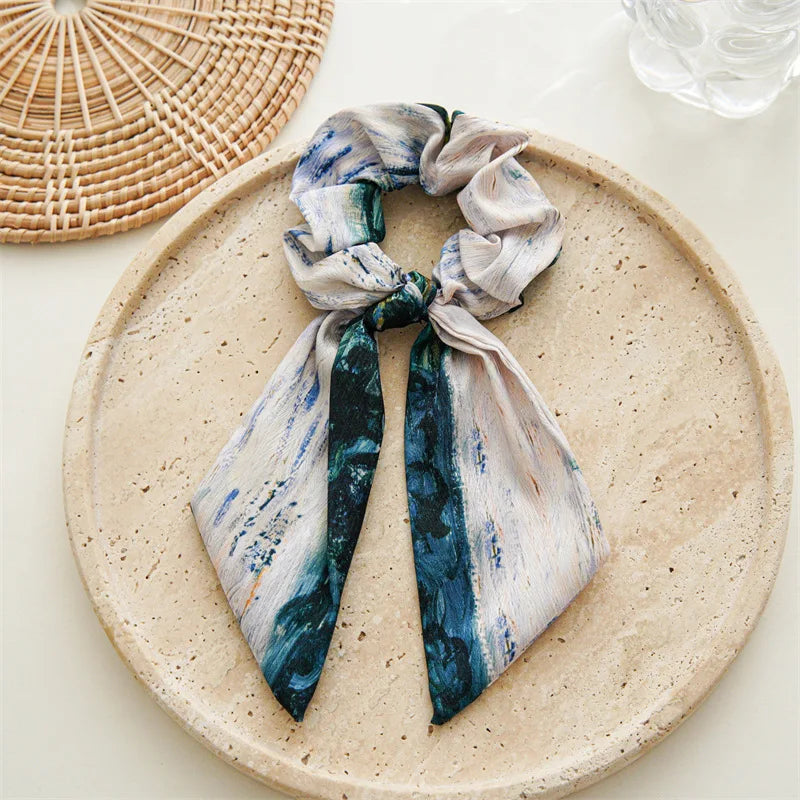 Korean Women Elegant Oil Painting Bow Elastics Hair Band Exquisite Scrunchies Hair Ties Ponytail Holder Girls Hair Accessories