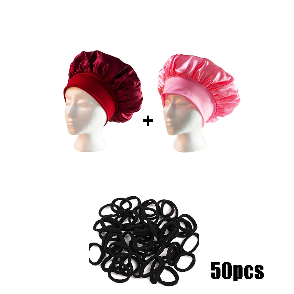 New Women's Satin Solid Wide-brimmed Sleeping Hat Unisex Head Wrap Elastic Band Cap Hair Care Bonnet Night Hat Bonnet De Nuit