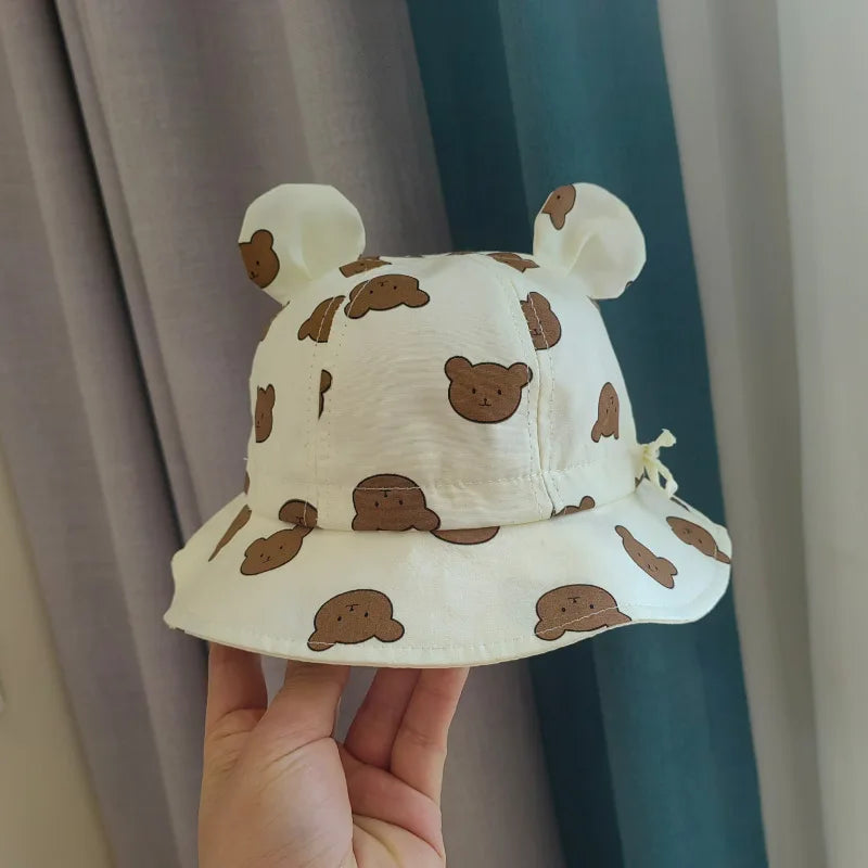Korea Cotton Baby Bucket Hat with Ears Boys Girls Cute Cartoon Bear Breathable Sun Fisherman's Hat Kids Outdoor Child Panama Cap