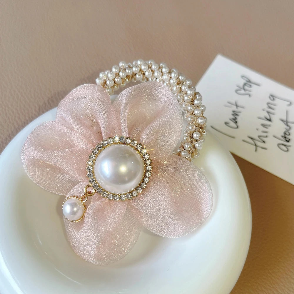 Flower Rhinestone Pearl Hair Elastics Ties Korean Version Headband Ponytail Hair Holder Hair Accessories for Girl and Women