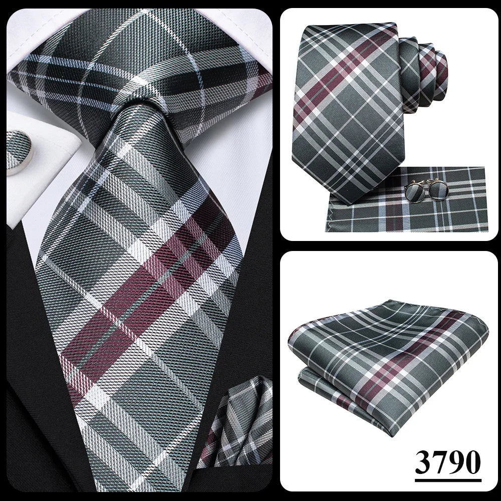 Hi-Tie Designer Grey Plaid Novelty Silk Wedding Tie For Men Handky Cufflink Gift Mens Necktie Fashion Business Party Dropshiping