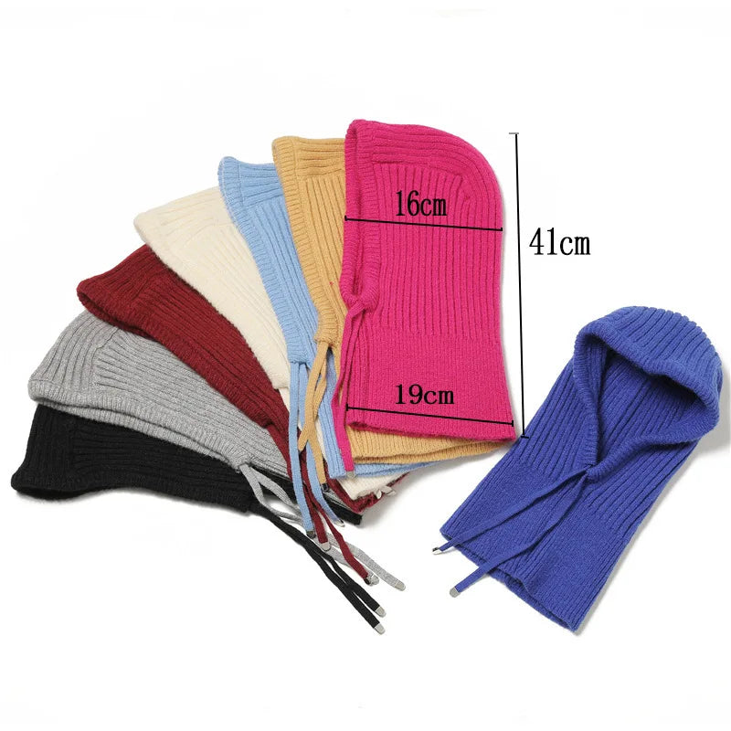 Winter 2-in-1 Scarf Hat Warm Knitted Outdoor Riding Scarf Woolen Balaclava Ear Protection Solid Colour Scarf with Drawstring