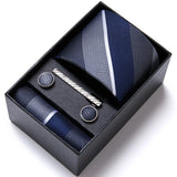 Brand Wholesale Tie Pocket Squares Cufflink Set Necktie Blue Striped Man Wedding Accessories Fit Workplace Holiday Gift Box