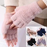 Imitation Mink Plush Cat Claw Knitted Gloves Women Cute Winter Warm Fluffy Touchscreen Gloves Men Outdoor Half Finger Mittens