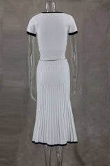 2024 Summer Women White long Skirt Suit Short Sleeve V-neck crop top pleated set elegant dress 2 piece skirt set Plus Size S-3XL