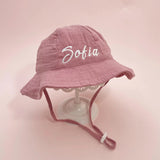 Embroidered Name Breathable Kids Wide Brim Sun Hat With Adustable Chin Strap Suitable For Summer And Beach
