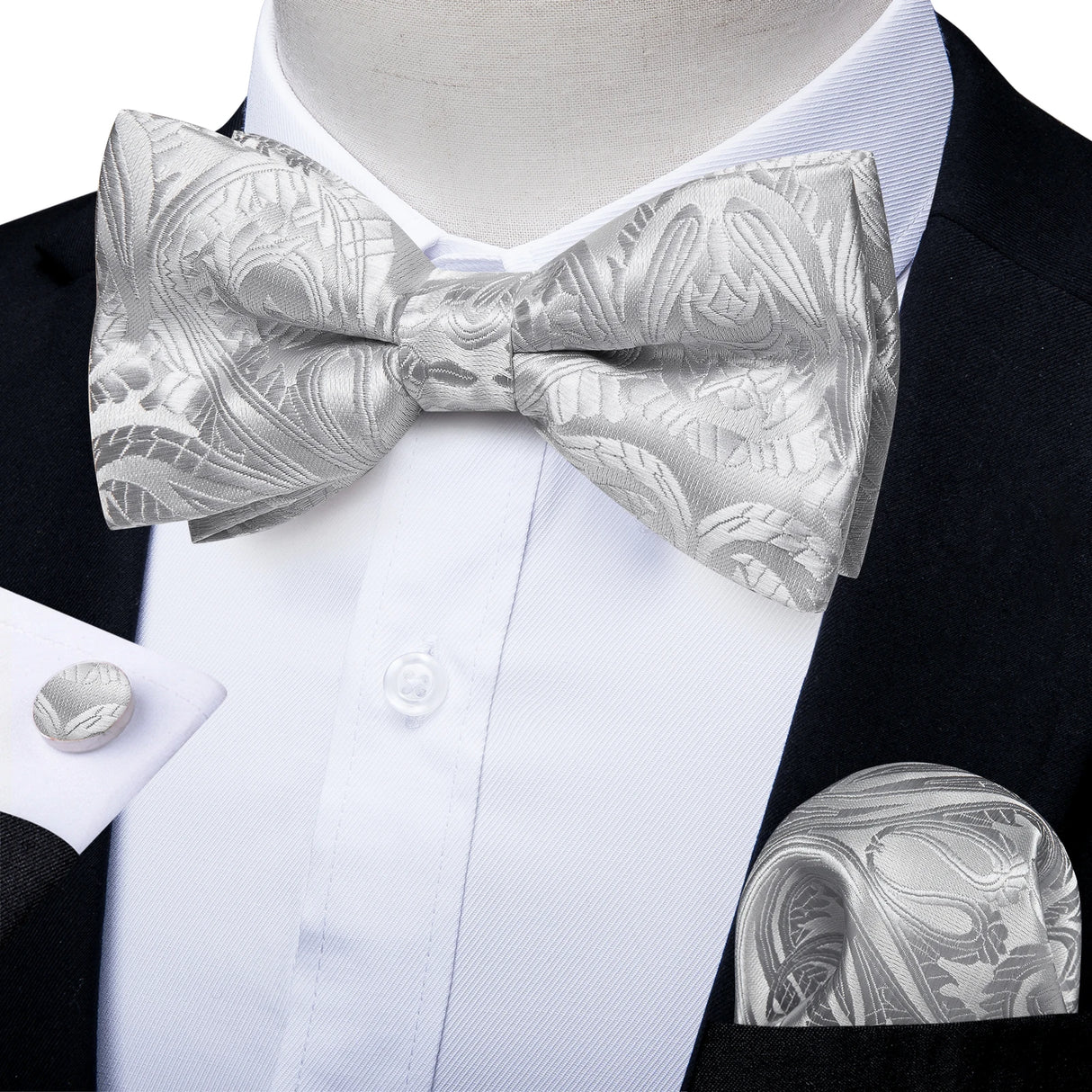 Classic Black Men Bow Ties 100% Silk Bowties Butterfly Pocket Square Cufflinks Set Suit Paisley Gold Pre-Tied Bow Tie DiBanGu