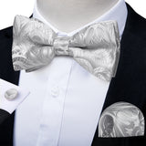 Classic Black Men Bow Ties 100% Silk Bowties Butterfly Pocket Square Cufflinks Set Suit Paisley Gold Pre-Tied Bow Tie DiBanGu