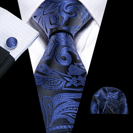 New Blue Silk Ties High Quality For Men Classic Plaid Woven Handkerchife Cufflinks Sets Groom Wedding Designer Barry.Wang 1535