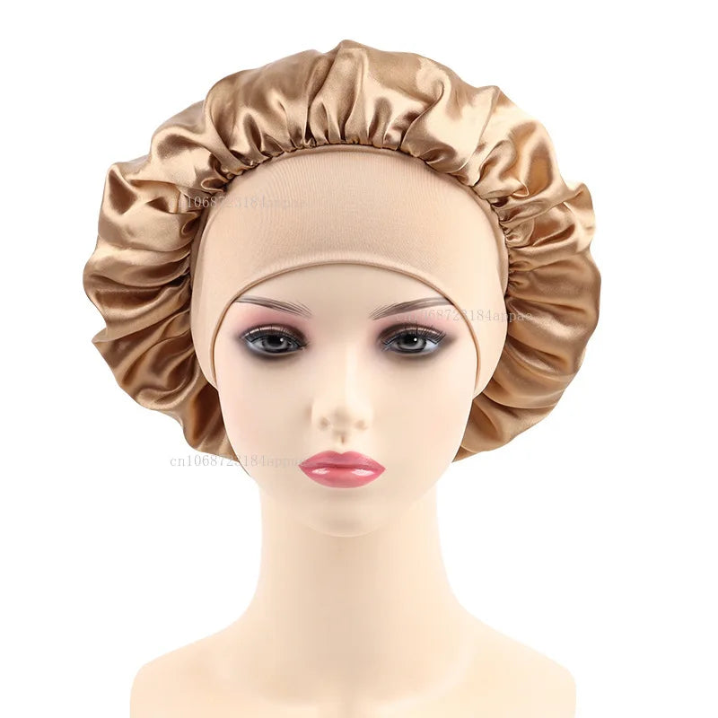 Women's Satin Solid Elastic Wide-brimmed Sleeping Hat Unisex Head Wrap Elastic Band Cap Hair Care Bonnet Night Hat bonnet