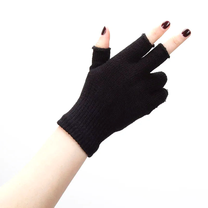 1Pair Black Unisex Half Finger Fingerless Gloves for Women Men Wool Knit Wrist Cotton Gothic Gloves Winter Warm Workout Gloves