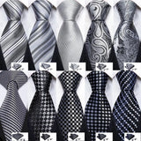 Fashion Mens Ties Set Silk Gray Black Silver White Striped Plaid Solid Paisley Floral Neck Tie Hankderchief Cufflinks Barry·Wang