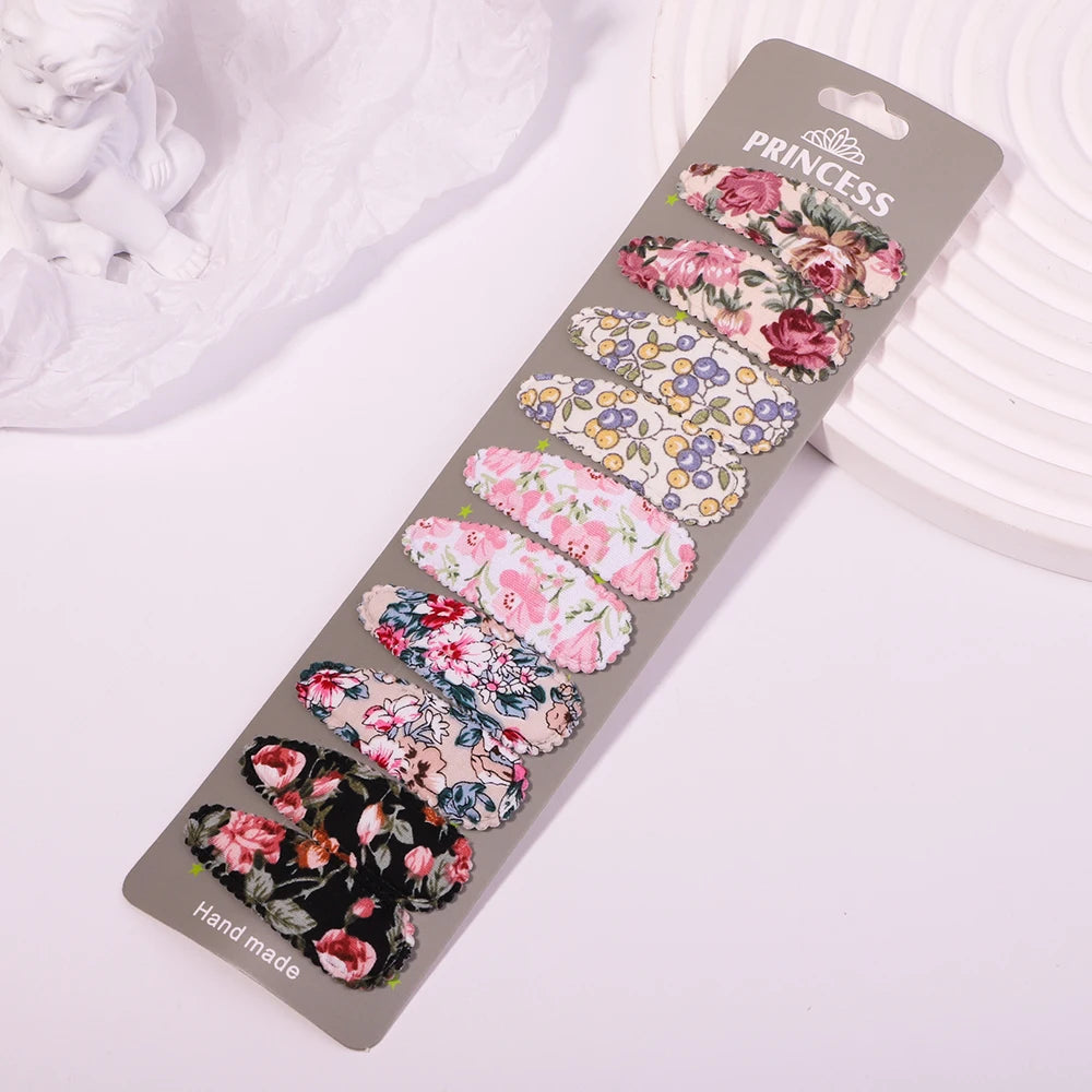 10Pcs/set 2.2'' Printed Embroidery Waterdrop Shape Hair Clips For Cute Girls BB Hairpin Barrettes Headwear Kids Hair Accessories