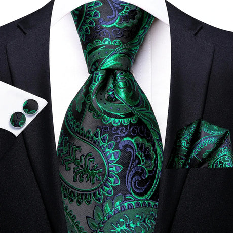 Hi-Tie Dark Green Floral Paisley Silk Wedding Tie For Men Handky Cufflink Gift Men Elegant Necktie Fashion Business Party