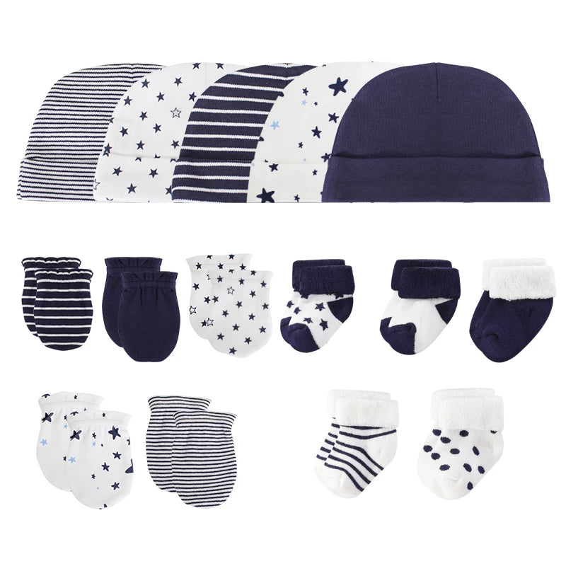 15Pieces New Born Gloves+Hats+Socks Sets Cartoon 100%Cotton Baby Boy Girl Headwear 0-12M Solid Color Infant Supplies Accessories
