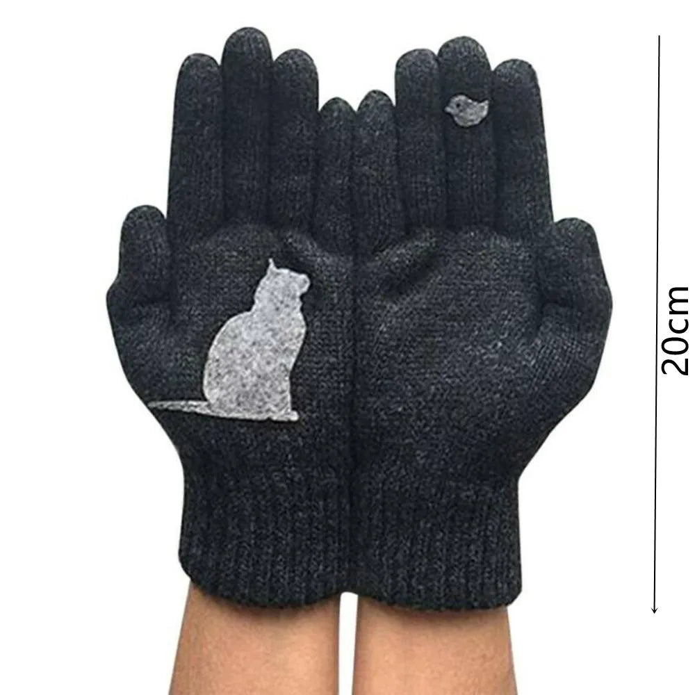 Winter Gloves for Men Women Teens Cute Cat and Bird Printed Thermal Knitted Gloves, Windproof Winter Warm Mittens Glove Soft