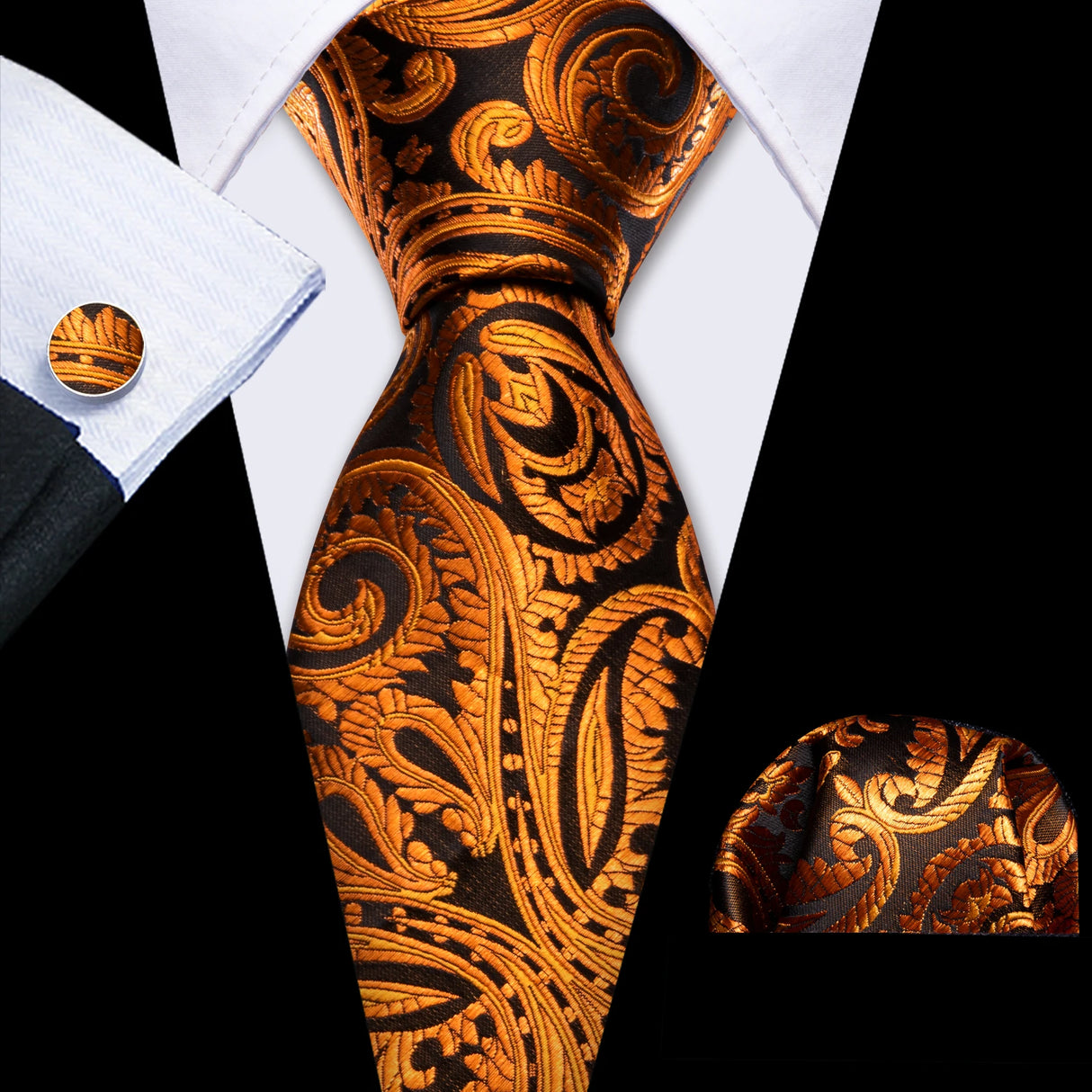 Barry.Wang Orange Silk Men Tie Hanky Cufflinks Set Jacquard Pink Purple Salmon Gold Necktie for Male Wedding Business Party Gift