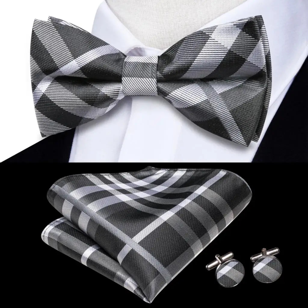 Dropshipping Solid Silk Mens Bow Tie Hanky Cufflinks Set Pre-tied Butterfly Knot Bowtie Wholesale for Male Wedding Business