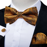 Classic Black Men Bow Ties 100% Silk Bowties Butterfly Pocket Square Cufflinks Set Suit Paisley Gold Pre-Tied Bow Tie DiBanGu