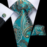 Hi-Tie Men Fashion Paisley Sage Green Necktie Handkerchief Cufflinks for Tuxedo Accessory Classic Silk Luxury Tie for Man Gift