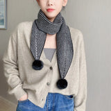 Ladies Fashion Solid Colour Narrow Sharp Corners Stripe Neckerchief Knitted Winter Warm Long Scarf With Pompom