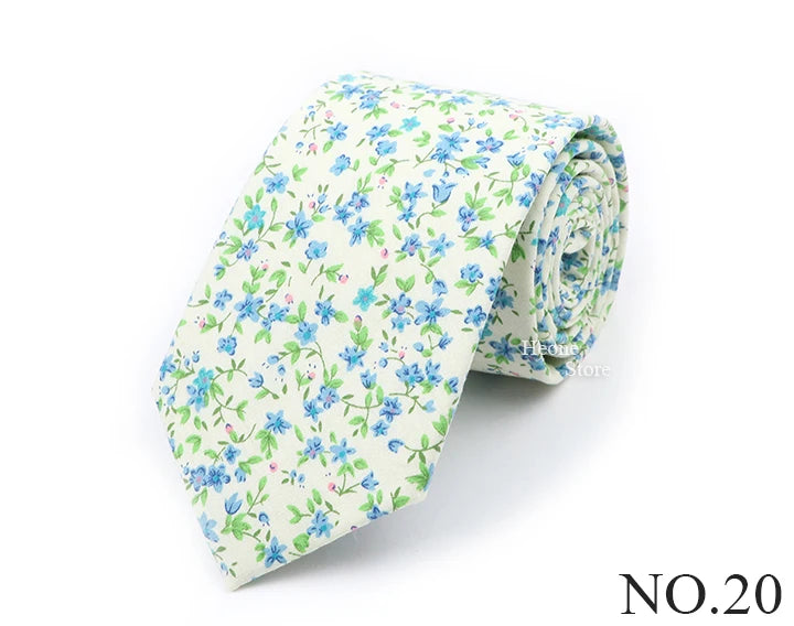 New Chic Floral Tie For Men Women 100% Cotton Beautiful Elegant Flower Necktie White Blue Narrow Skinny Wedding Casual Cravat