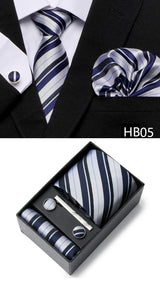 Gravatas For Men Newest design Silk Tie Handkerchief Cufflink Set Necktie Box Striped Blue Office