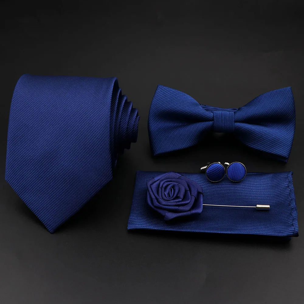 Hot Sale Red Blue Tie Set Polyester Slim Striped Necktie Bowtie Cufflink Brooch For Groom Suit Wedding Cravat Shirt Accessory