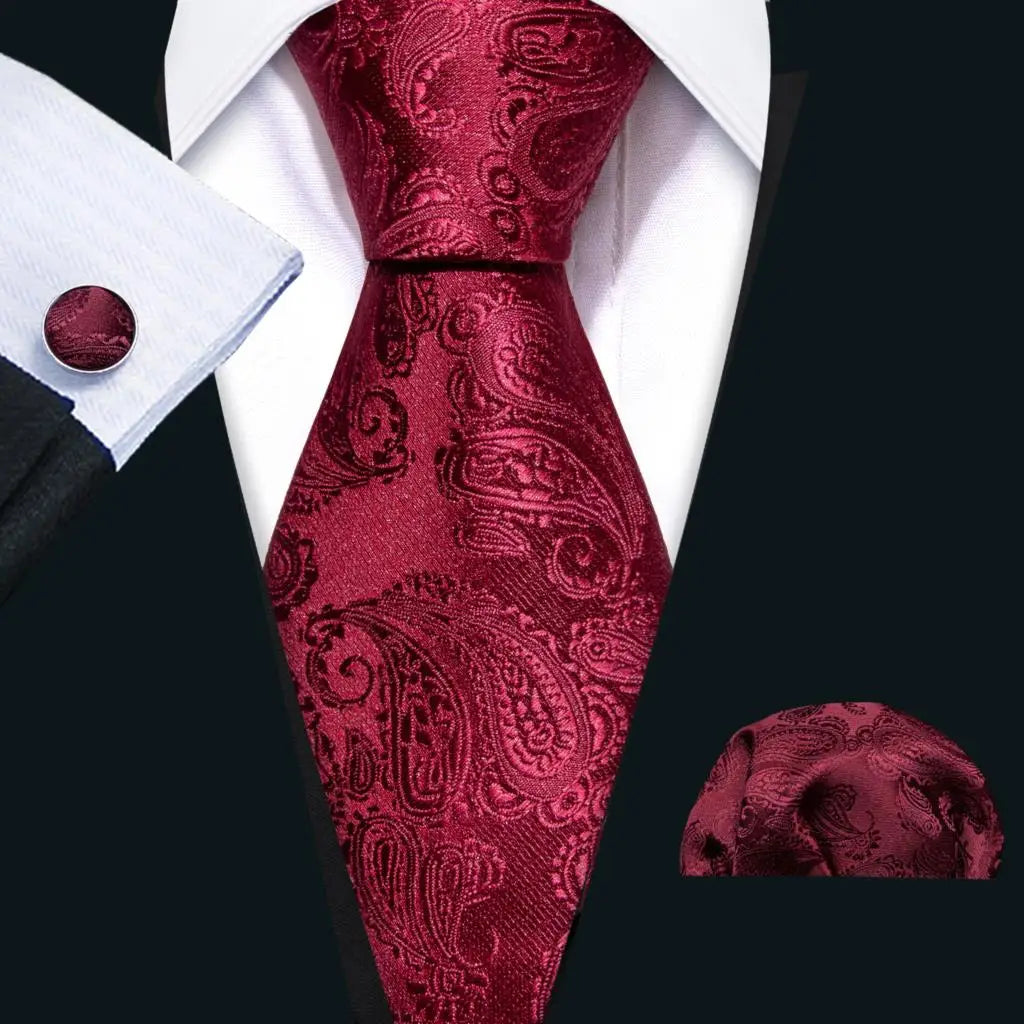 Barry.Wang Red Maroon Burgundy Rose Silk Men's Tie Pocket Square Cufflinks Set Jacquard Necktie for Male Wedding Business Party