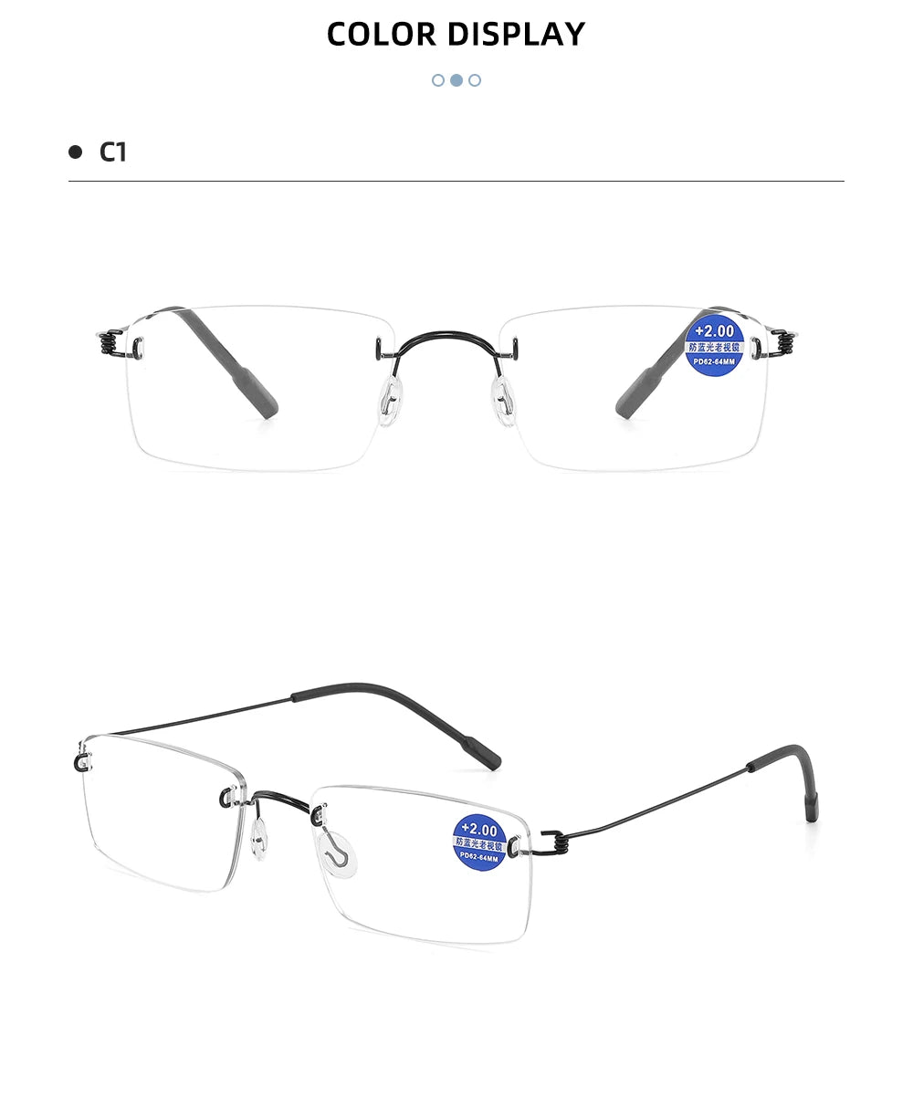 Titanium Reading Glasses Men High Quality Magnifying Presbyopic Eyeglasses Titanium Frames Anti Blue Light Rimless Glasses Men