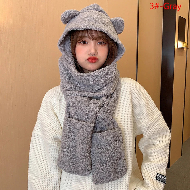 1Pc Cute Bear Ear Hat Scarf Gloves 3-in-1 Winter Warm Hedging Cap Women Windproof Plush Hat Scarf