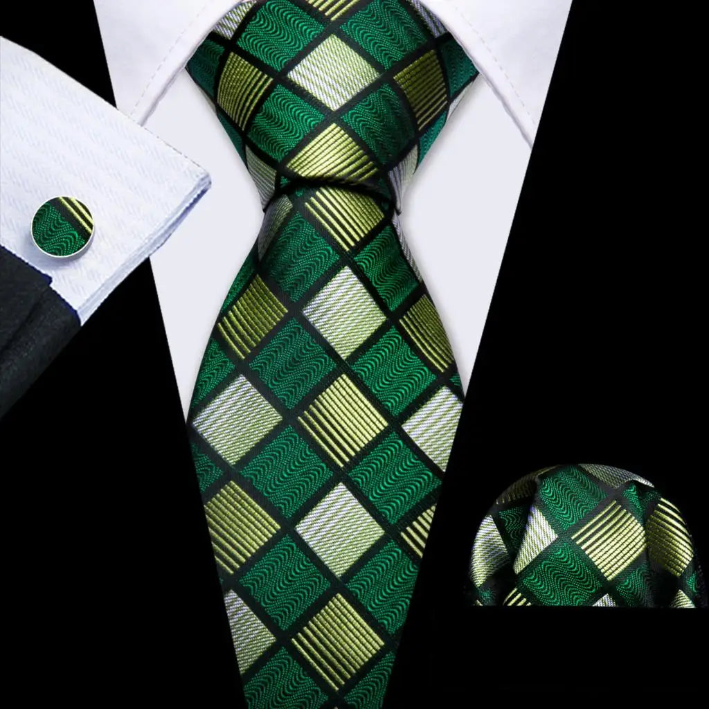 Luxury Silk Mens Ties Set Black Green Leaves Floral Neck Tie Handkerchief Cufflinks Set Wedding Business Party Barry·Wang 5938