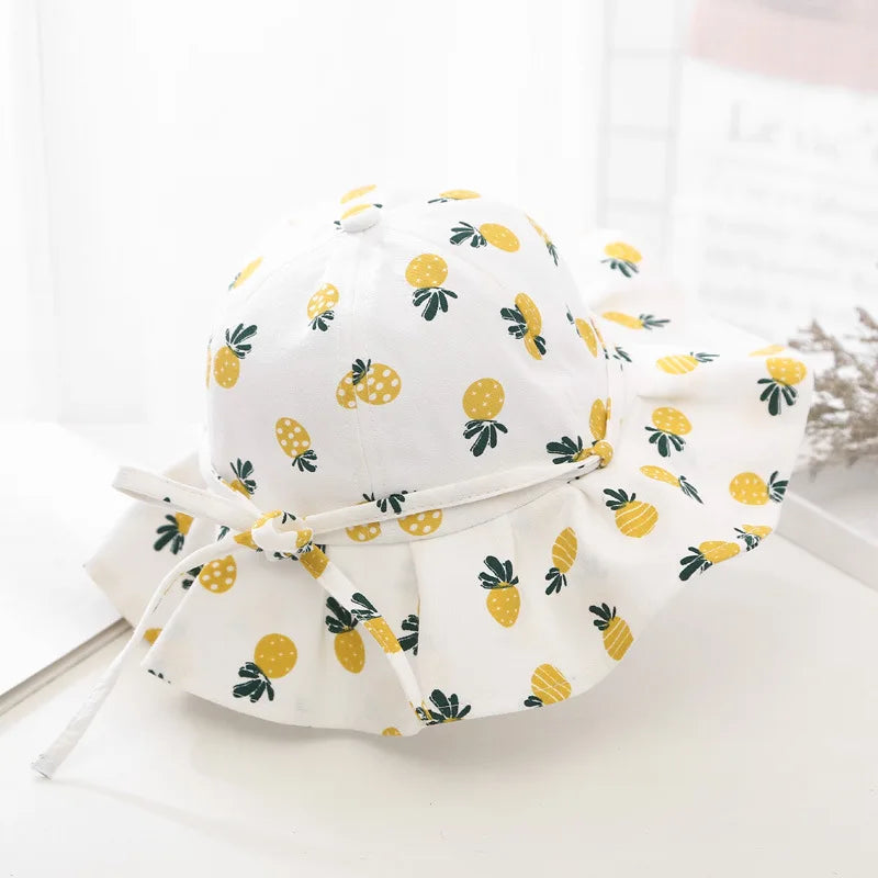 Sweet Baby Summer Hat for Girls Cotton Fruit Print Kids Bucket Hats Bowknot Princess Children Sun Cap Beach Travel 1-3Y