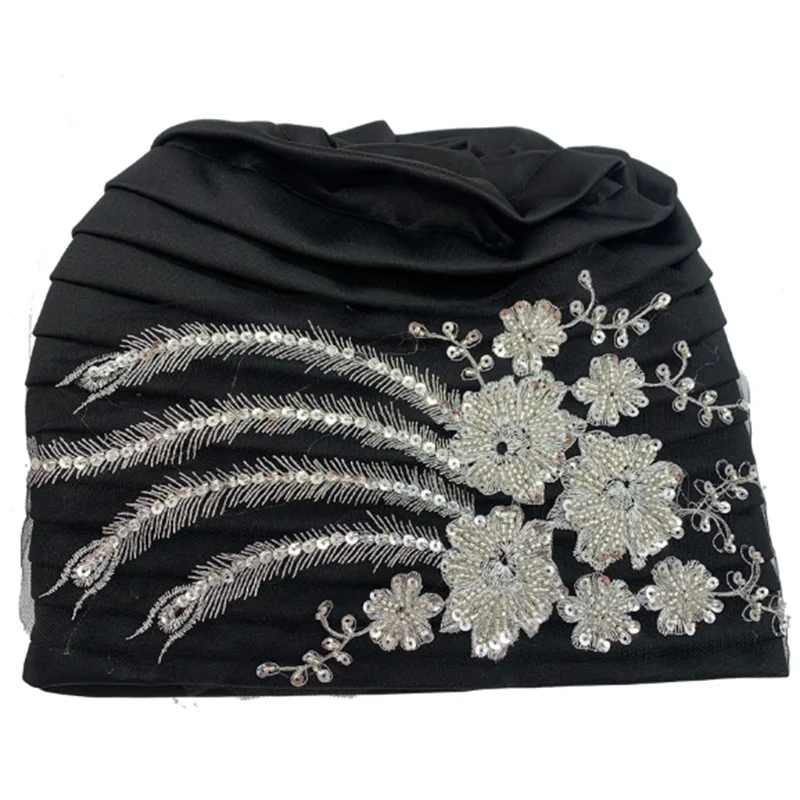 African Female Wrap Head Bonnet Muslim Turban Hat Lady Head Wraps Glitter Luminescence Beading Pleated Turban Cap for Women