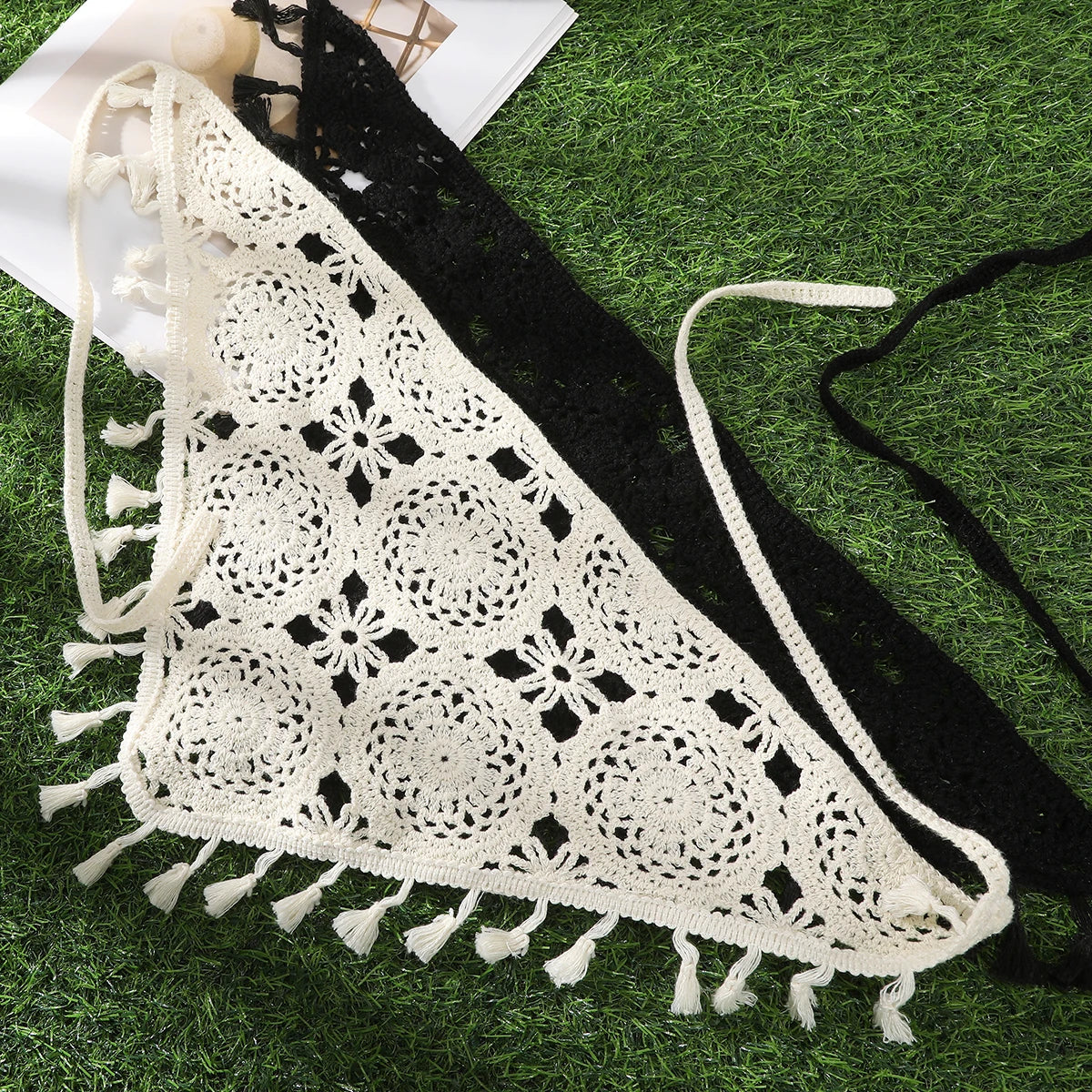 Floral Hair Bandana Knitted Head Kerchief Women Bandana Handmade Crochet Hair Scarf Triangled Headband Headwear