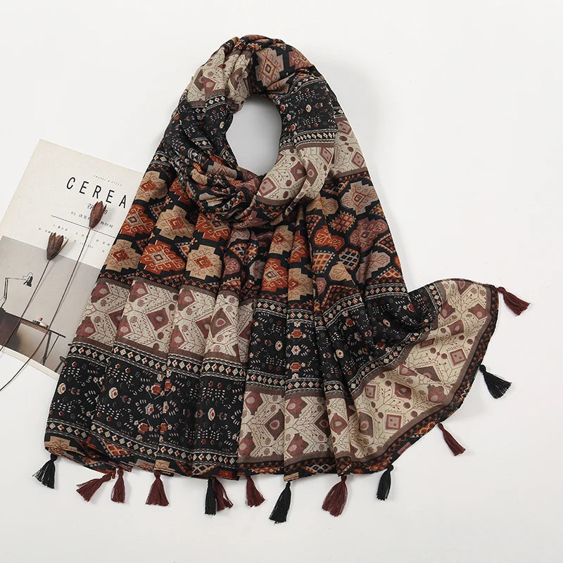 Fashion Printed Leopard Scarf Female Spring Muslim Women Hijab Scarves Tassel Large Size Headband Handkerchief Women's Bandana