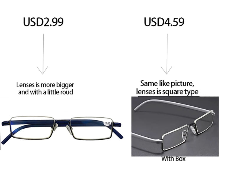 Men Women Metal Blue Light Blocking Reading Glasses with Case TR90 Half Frame HD Prescription Eyewear Presbyopia Diopter