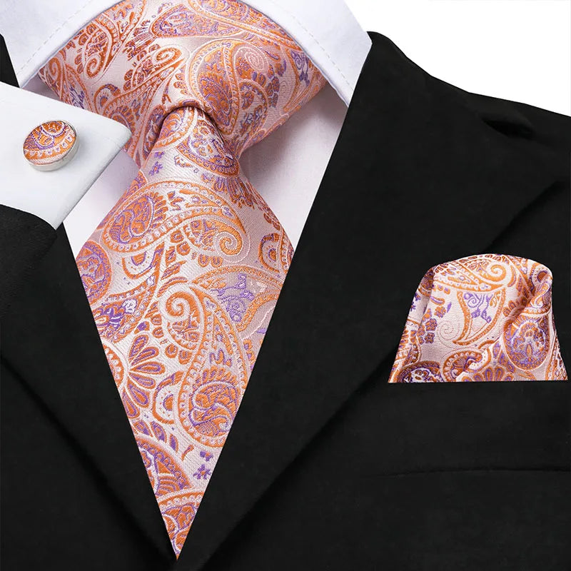 Hi-Tie 100% Silk Classic Men's Wedding Coral Pink Red Peach Tie Pocket Square Cufflinks Set Rose Ties for Men Solid Paisley Ties