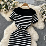 Summer Striped Beach Knitted Dress O Neck Short Sleeves Chic Hotsweet Slim Sundress Streetwear Y2K Bodycon Midi Dress