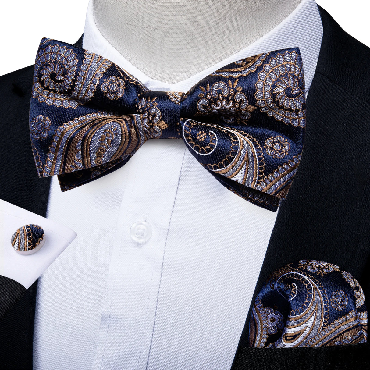 Classic Black Men Bow Ties 100% Silk Bowties Butterfly Pocket Square Cufflinks Set Suit Paisley Gold Pre-Tied Bow Tie DiBanGu